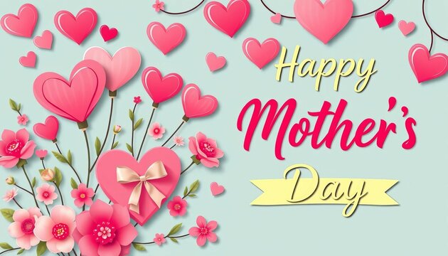 Fototapeta Modern Mother's Day postcard design Vector illustration with hearts, flowers, gifts, and celebratory inscriptions Stickers style, mothers day,  design element