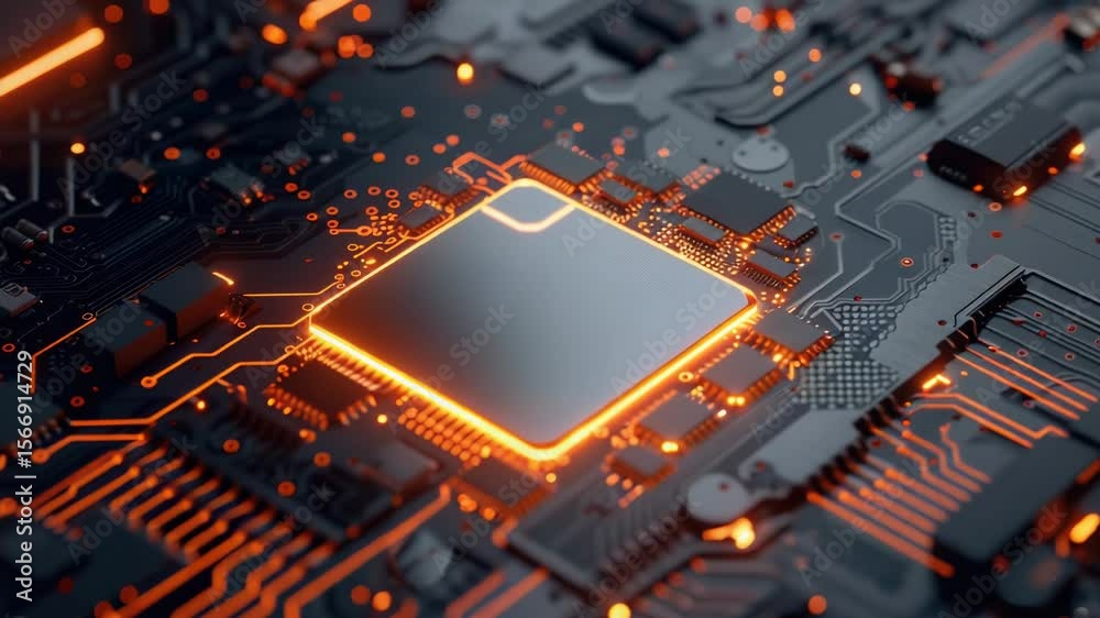 Poster Close-up view of a computer chip on a motherboard, suitable for technology-related illustrations or diagrams