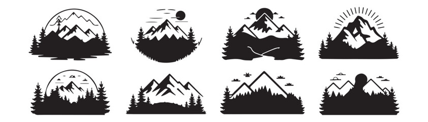 Black mountain silhouette, diverse peak shapes, scalable vectors. Ideal for logos, icons, adventure graphics, digital design, print. Versatile, aesthetic, unique