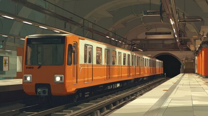 Fototapeta premium Orange metro train underground station