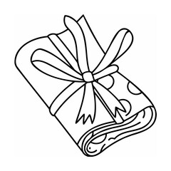 Black and white line art gift wrapped with bow and polka dot pattern