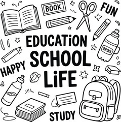 Fototapeta premium Education School Life — Silhouette Arrangement of Stationery, Books, Backpack, and Doodles with Motivational Words in Circular Layout