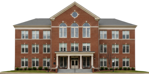 Red brick building with large windows and entrance on transparent background