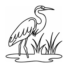 Black line art heron standing in water with grass bird