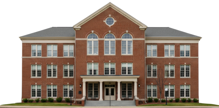 Red brick building with large windows and entrance on transparent background  