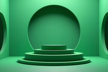 A threetiered green cylindrical podium is set against a green wall with circular cutouts