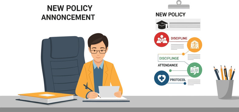 New policy announcement illustration for business and education sectors use