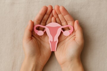 Nurturing Life: A delicate representation of female reproductive health, cradled in caring hands, symbolizes care and well-being.