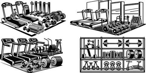 set of black and white farm equipment