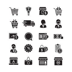 Black and White Shopping and E-commerce Icon Set on White Background