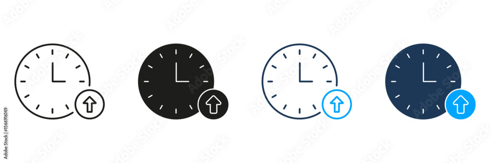 Poster clock with upward arrow line and solid icon set. time management, progress, and deadline tracking sy
