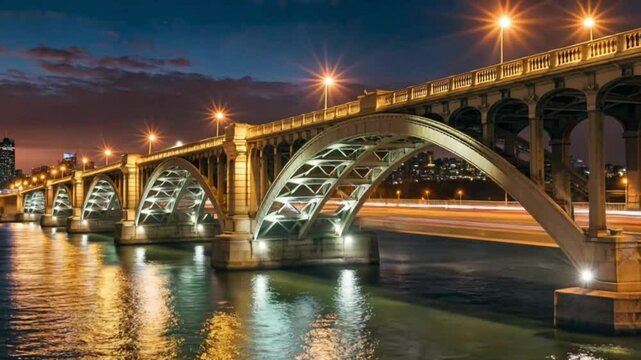 Arched bridge spans water at night illuminated by streetlights city skyline in background