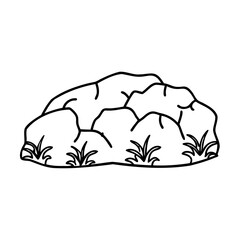 Black and white one line art illustration of a rock formation with grass
