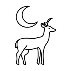 Black line art deer and crescent moon on white background