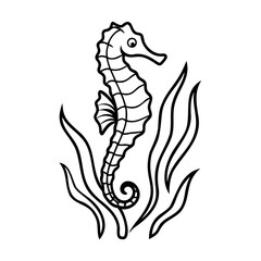 Black and white seahorse illustration with seaweed on white background