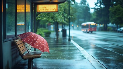 Red Umbrella Resting On A Rainy Day Bench