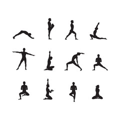 Black Silhouettes of Yoga Poses on White Background