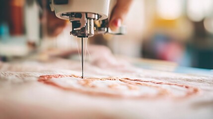 Close up of an embroidery machine threading through fabric with the design of a monogram emerging showing fine details of the machines needle and thread movement in a well lit studio setting
