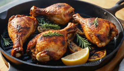 Grilled chicken drumsticks with spicy rub and herbs in cast iron skillet Generative AI