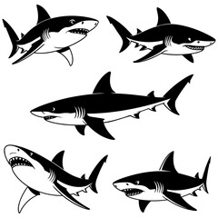 Five sharks in black and white vector illustration