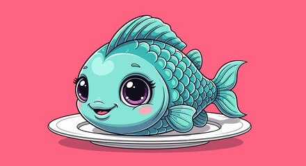 Dinner served with a cute blue cartoon fish on a white plate, isolated on a coral pink background