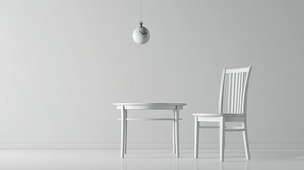 A minimalist chair and table in white space with a floating stopwatch, symbolizing the test of time.