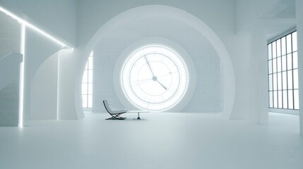 A minimalist chair and table in white space with a floating stopwatch, symbolizing the test of time.