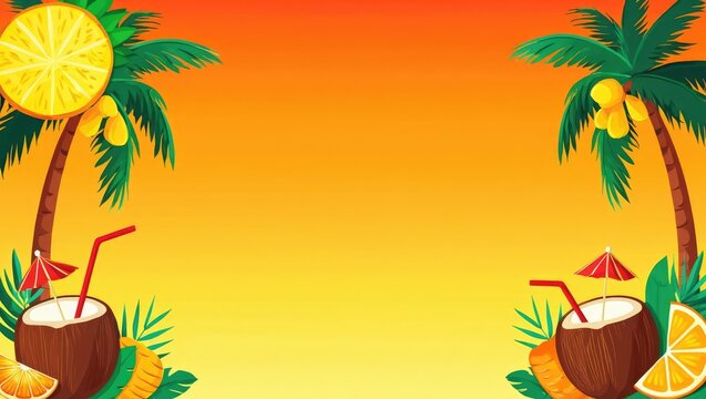 Vibrant tropical sunset scene with palm trees, orange sky, coconuts, and lemon slice. Summer holiday mood perfect for beach party posters or menus. Generative AI.