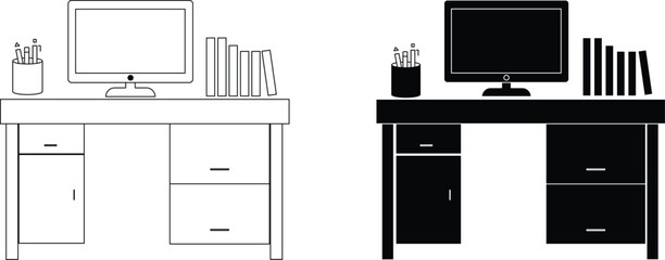 Minimal Office Desk Icon – Computer Monitor, Books, and Workspace Setup in Line and Solid Style © VectoraArt