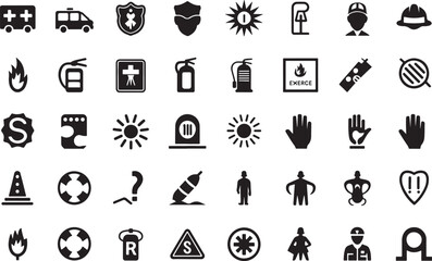 Comprehensive Collection of Safety and Emergency Icons Fire, Medical, and Hazard Symbols
