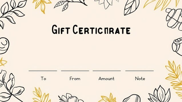 Minimal gift certificate layout with clean beige background, floral leaves, and stylish font. Suitable for small businesses, boutiques, or spa gifts. Generative AI.