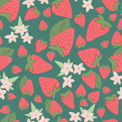 Strawberry Seamless Vector Patterns with Floral and Polka Dot Elements