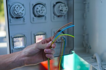 Close up of electrician's hand holding several colored electrical wires while installing a junction...