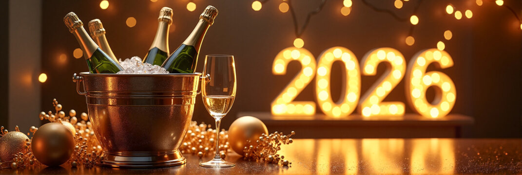 Glamorous New Year's Eve celebration with champagne in an ice bucket and golden decorations, festive ambiance for welcoming 2026