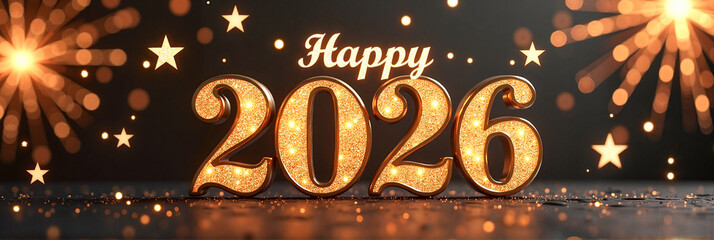 Festive greeting card design featuring "Happy 2026" in elegant calligraphy framed by golden stars and sparkling fireworks, celebration concept.