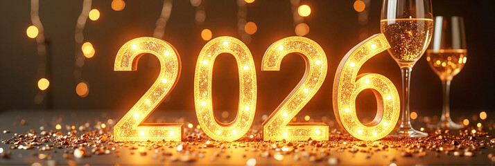 Golden confetti and sparkling champagne glasses beside illuminated "2026" sign at a luxurious New Year's Eve celebration, festive atmosphere