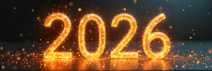 Artistic "2026" typography crafted from golden particles floating against a dark, dreamy background, symbolizing celebration and new beginnings.