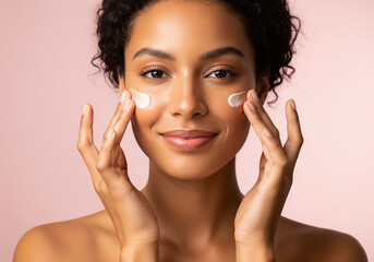 A young woman with curly hair smiled softly as she applied cream to her face. She gently massaged the cream into her cheeks with her fingers.