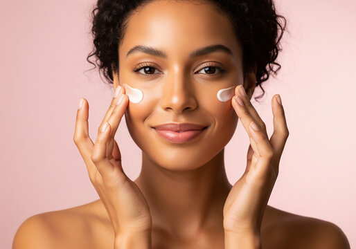 A young woman with curly hair smiled softly as she applied cream to her face. She gently massaged the cream into her cheeks with her fingers.