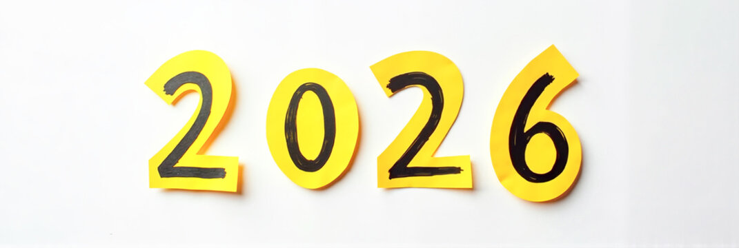 Stylized paper cutout numbers "2026" in bright yellow, showcasing the transition from "5" to "6" against a clean white background, concept of change and new beginnings.