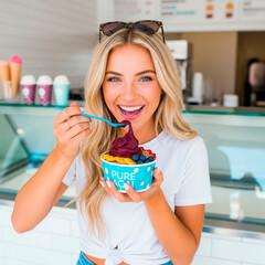 Smiling Blonde Woman with Blue Eyes Enjoying Purple Acai in Ice Cream Parlor