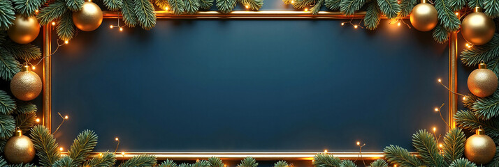 Elegant gold-framed Christmas background with deep navy center, bordered by pine branches and fairy lights, perfect for holiday greetings or promotional designs.