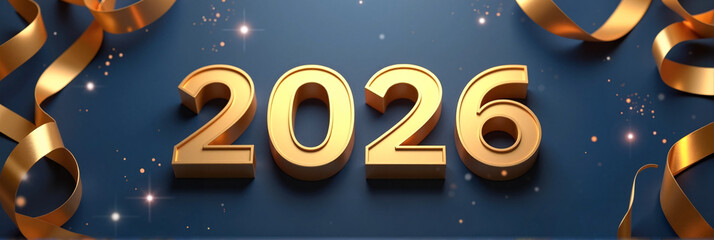 Metallic gold "2026" text gleaming on a deep navy blue background with curling gold ribbons, celebration symbolism.