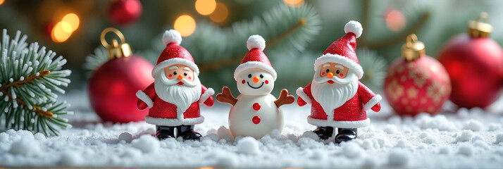 Festive Santa Claus figurines and snowman smiling on snowy surface with red and gold Christmas baubles, cozy holiday decoration concept