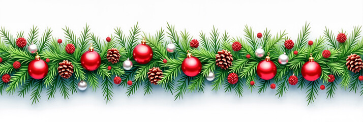 Realistic Christmas garland adorned with red and silver baubles, pinecones, and lush green fir branches against a clean white background, festive decoration concept.