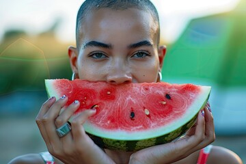 Ultra Hd Image of Portrait of Person Eating Watermelon