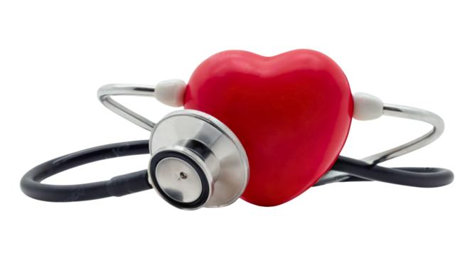 Red heart shape exercise ball with doctor physician's stethoscope isolated with clipping path on transparent background, hospital life insurance concept, world heart health day. See Less
