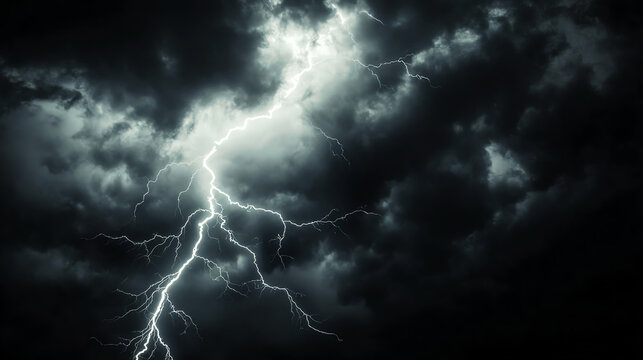 Lightning striking metal rod in black storm sky, lightning and rod, force and attraction