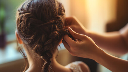 Naklejka premium Mother braiding daughter s hair, cropped torso and hands in soft lighting
