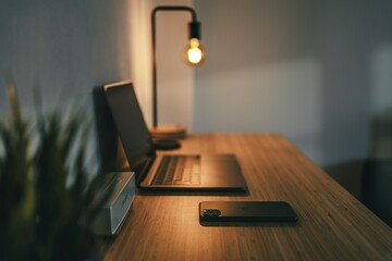 Scrivania minimalista con laptop e tazza di caffè, spazio per testo